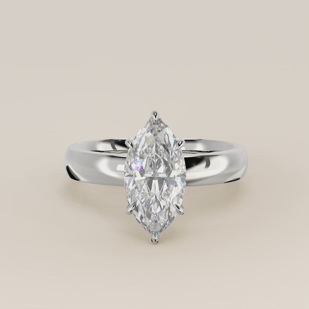 Verlovingsring marquise lab grown diamant met brede band en hidden halo, witgoud