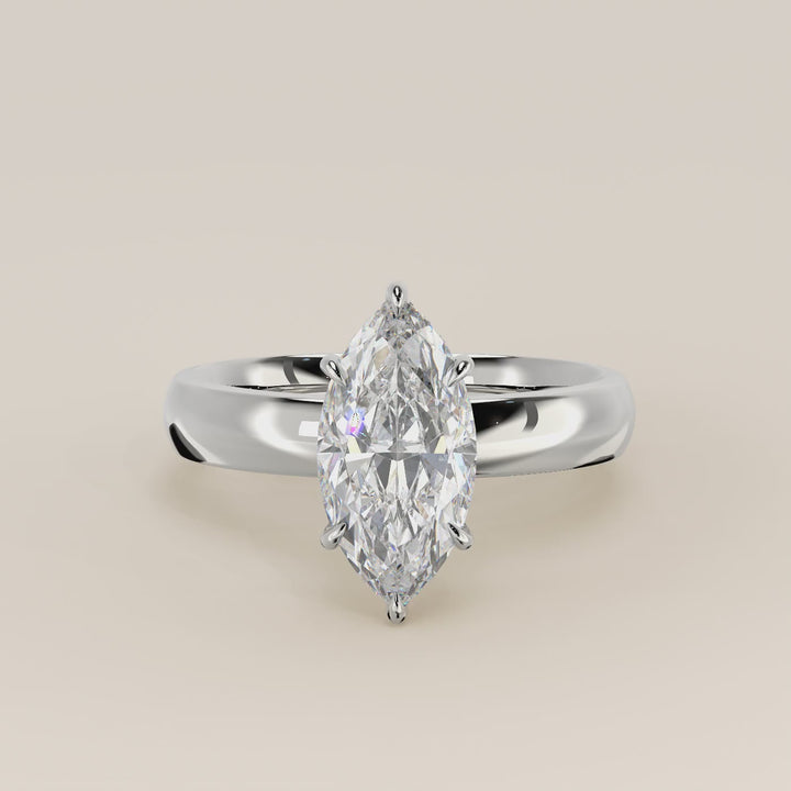 Verlovingsring marquise lab grown diamant met brede band en hidden halo, witgoud