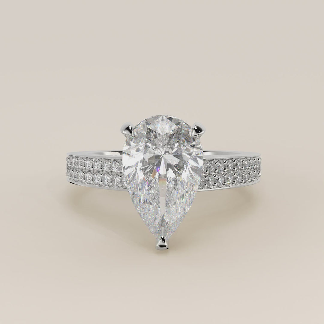 Verlovingsring peer lab grown diamant met brede pave band, cathedral setting en hidden halo, witgoud