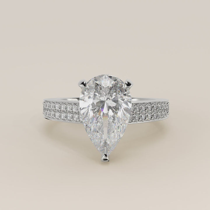 Verlovingsring peer lab grown diamant met brede pave band, cathedral setting en hidden halo, witgoud