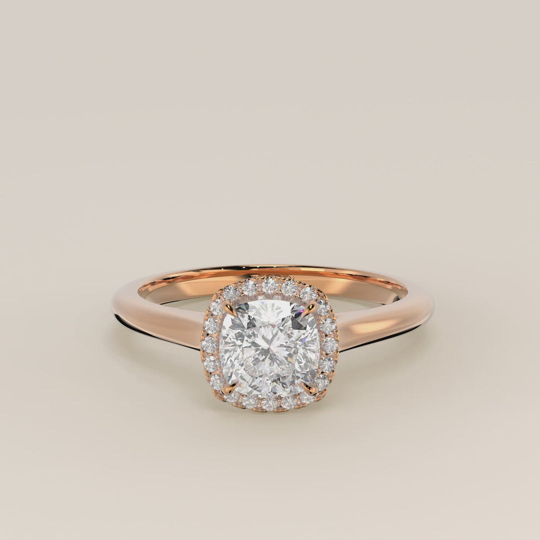 Verlovingsring cushion halo lab grown diamant met cathedral en hoge zetting, rosegoud