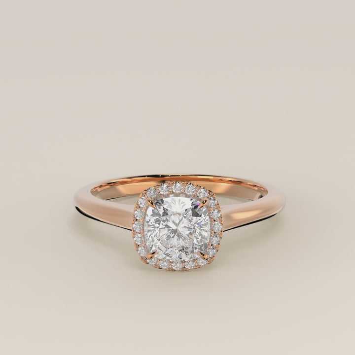 Verlovingsring cushion halo lab grown diamant met cathedral en hoge zetting, rosegoud