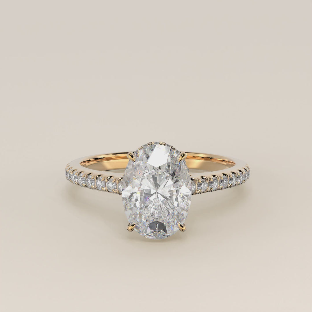 Lana - Oval Solitair Lab Grown Diamond Ring with Cathedral Setting, Pave Band and Wrap Around Halo