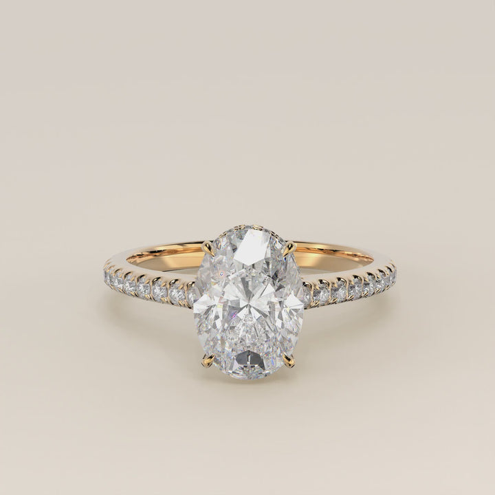 Lana - Oval Solitair Lab Grown Diamond Ring with Cathedral Setting, Pave Band and Wrap Around Halo