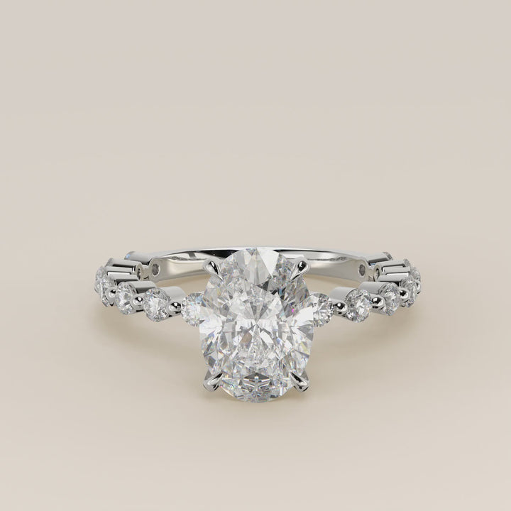 Verlovingsring ovaal lab grown diamant met ronde diamanten band, witgoud