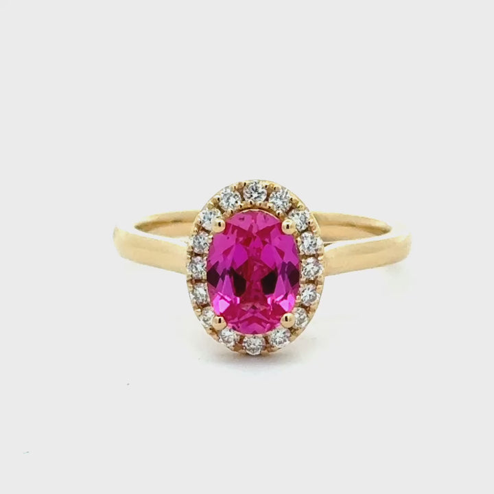 Pink Sapphire 1,5 ct Oval Halo Ring met Diamant  - 18K Geelgoud