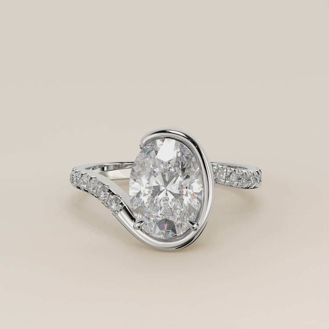 Jente - Oval Lab Grown Diamond Half Bezel Wave Ring with Pave Band