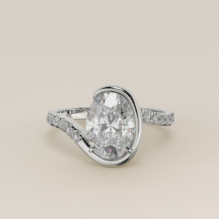 Jente - Oval Lab Grown Diamond Half Bezel Wave Ring with Pave Band
