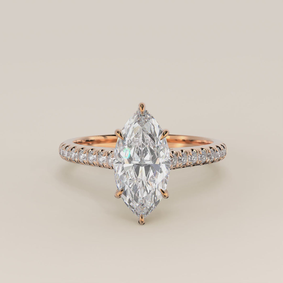 Verlovingsring marquise lab grown diamant met pave band, hidden halo en diamond bridge, rosegoud