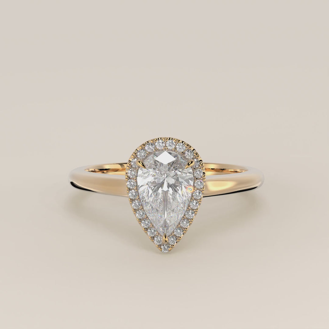 Verlovingsring peer halo lab grown diamant met cathedral en hoge zetting, geelgoud