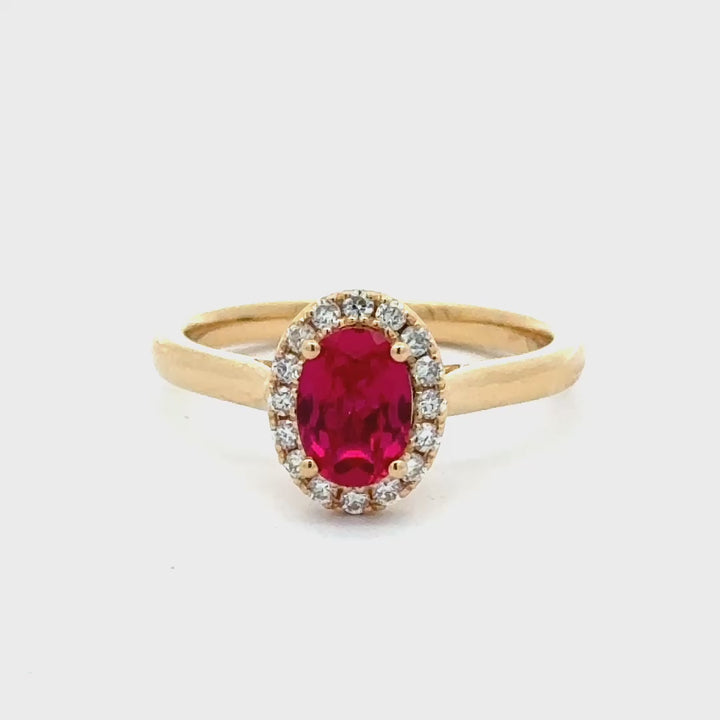 Ruby 1 ct Oval Halo Ring met Diamant  - 18K Geelgoud